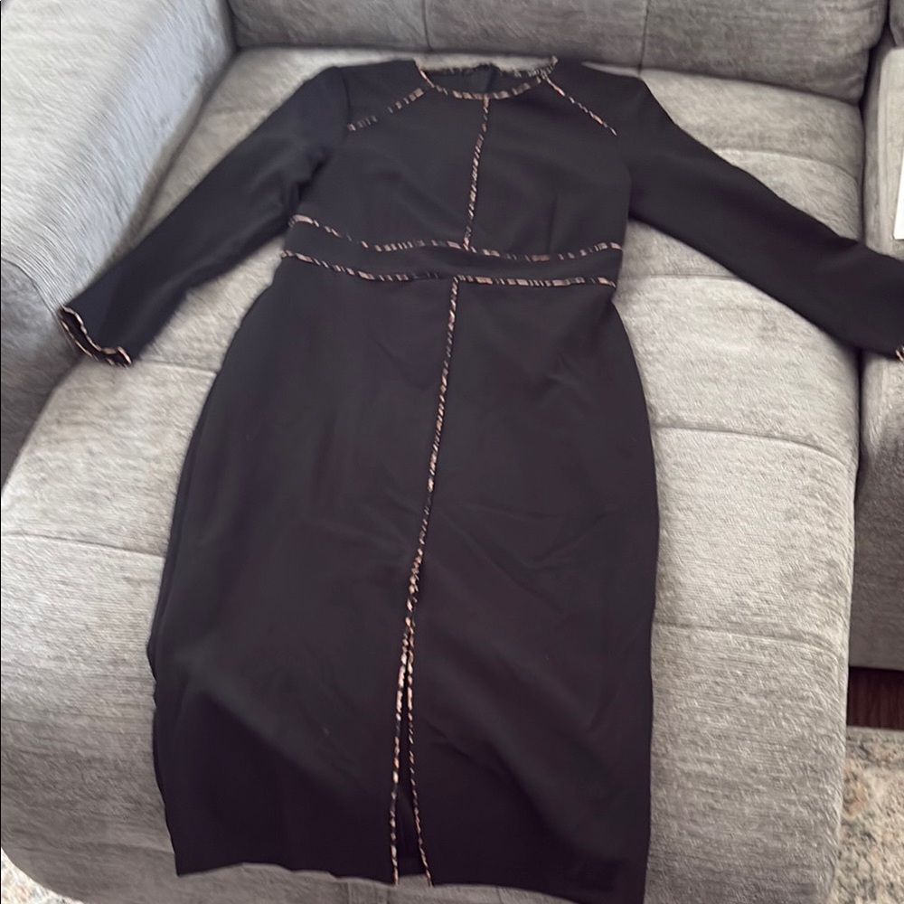 Zara Black Long Sleeve Sheath Dress with Gold-Trim Detailing